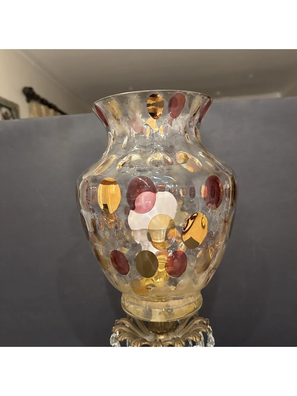 Vintage Hollywood Regency Bohemian Art Glass Marble Base Table Lamp 17.75” H
